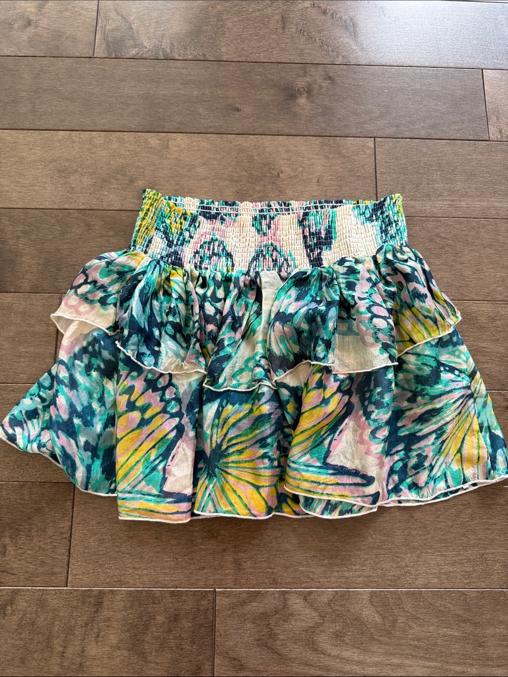 Floral Smocked Tiered Mini Skirt in Teal, Yellow & Pink
